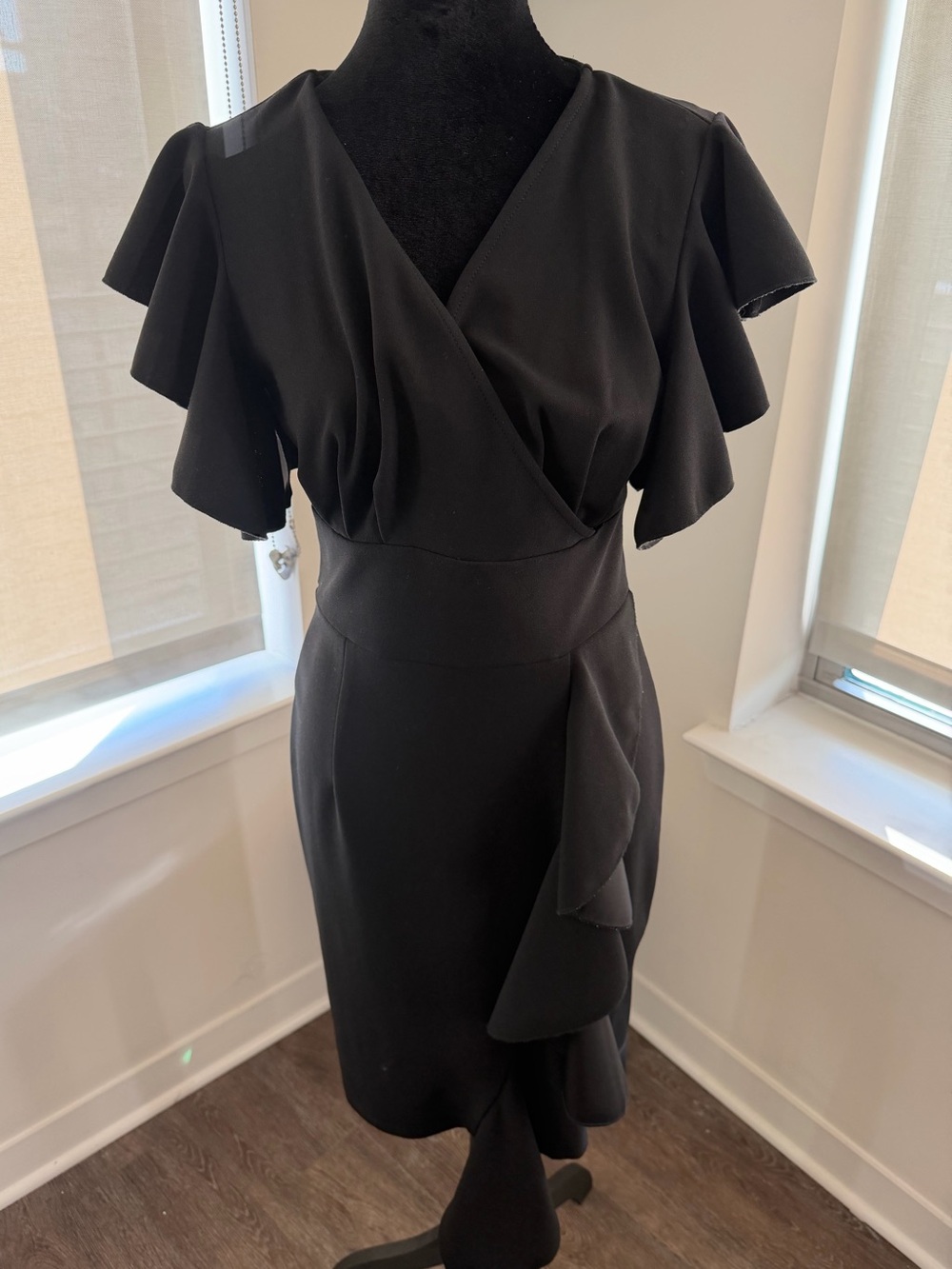 Kailee Black Ruffle Flutter Sleeve Wrap Style Cocktail Dress M